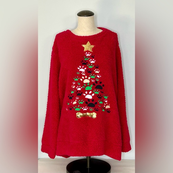 Kristin Nicole Fuzzy Red Ugly Christmas Sweater Dog Paw Christmas Tree size 3X - Picture 1 of 7